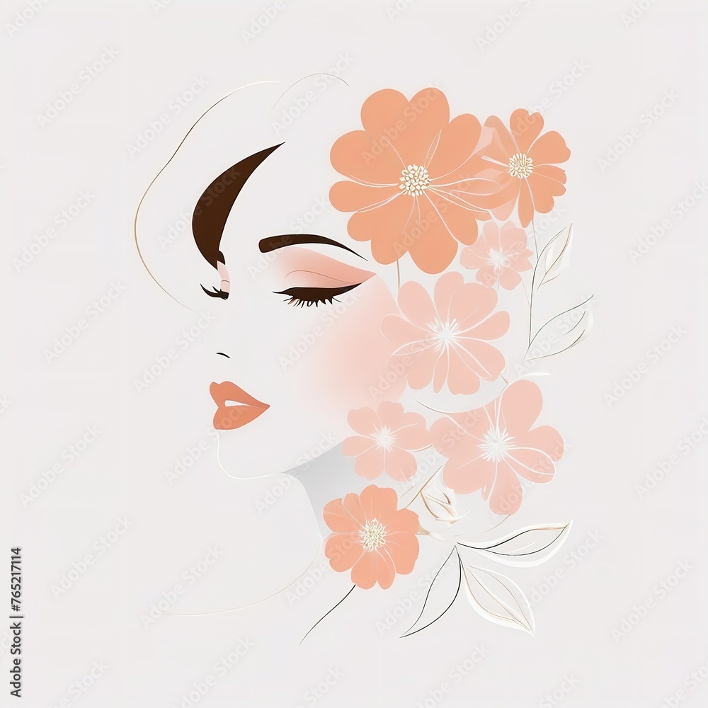 Abstract female face in one line. Woman face with flowers Surreal Line art female floral girl. Minimalism Abstract modern Continuous single line woman face portrait
