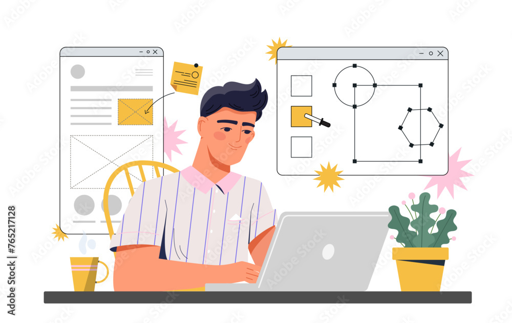 Web designer at workplace. Man with laptop develop graphic elements for programs, mobile application and webpage. Freelancer and designer. Cartoon flat vector illustration isolated on white background Web designer at workplace. Man with laptop develop graphic elements for programs, mobile application and webpage. Freelancer and designer. Cartoon flat vector illustration isolated on white background