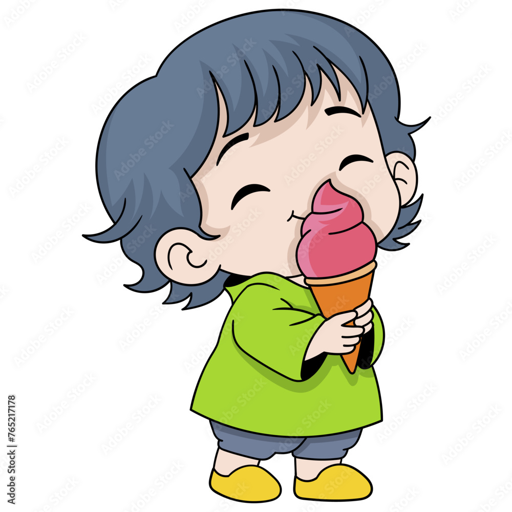 cartoon doodle illustration of children's activities, happy face of toddler enjoying an ice cream cone cartoon doodle illustration of children's activities, happy face of toddler enjoying an ice cream cone