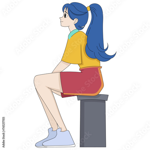 cartoon doodle illustration of people's daily activities, a beautiful woman is sitting alone waiting for her boyfriend to pick her up to hang out