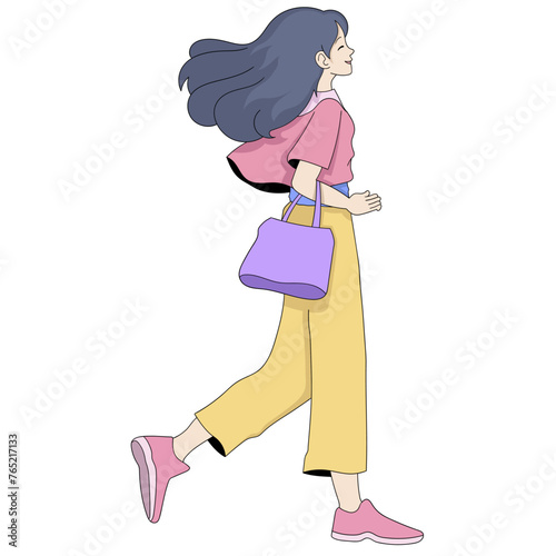 cartoon doodle illustration of people's daily activities, a girl is walking in a hurry to get to a place to hang out with her boyfriend