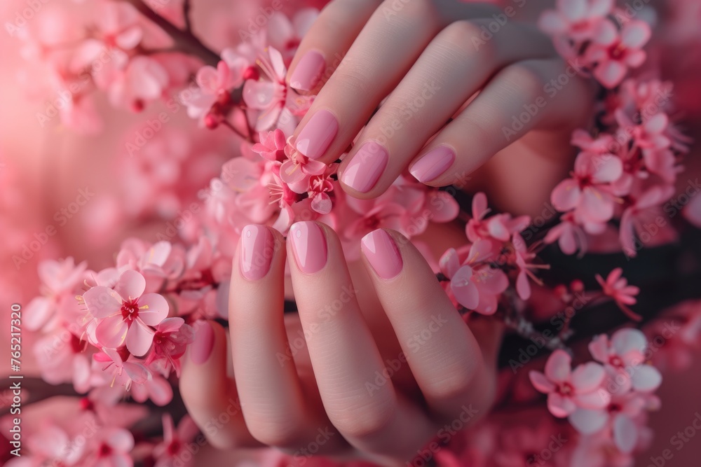 Female hands with pink nail design. Pink nail polish manicure. Woman hands hold pink flowers Female hands with pink nail design. Pink nail polish manicure. Woman hands hold pink flowers