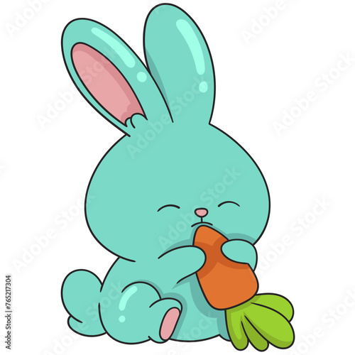 doodle illustration of a cute cartoon animal, a green rabbit is sitting chewing his favorite carrot