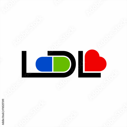 Health logo design. Illustration of letter LDL with capsule and heart symbols.