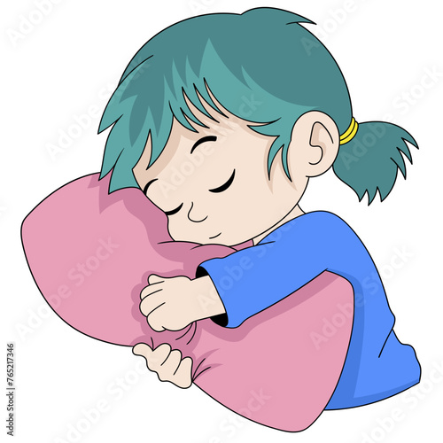 Cartoon doodle illustration of people's daily activities, girl is dreaming, sleeping soundly hugging a pillow