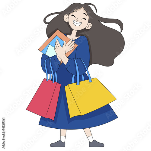 cartoon doodle illustration of people's daily activities, payday, women go to the shopping center to buy discounted goods