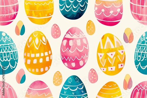 Happy easter watercolor seamless pattern. Multi-colored Easter eggs. Generated ai