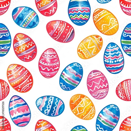 Happy easter watercolor seamless pattern. Multi-colored Easter eggs. Generated ai