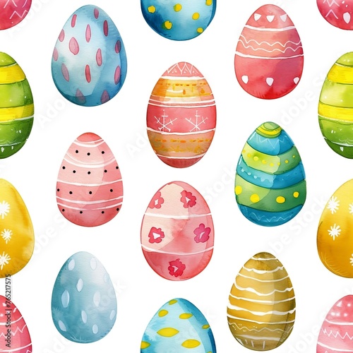 Happy easter watercolor seamless pattern. Multi-colored Easter eggs. Generated ai