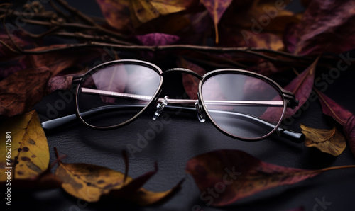 Glasses and autumn leaves on black background
