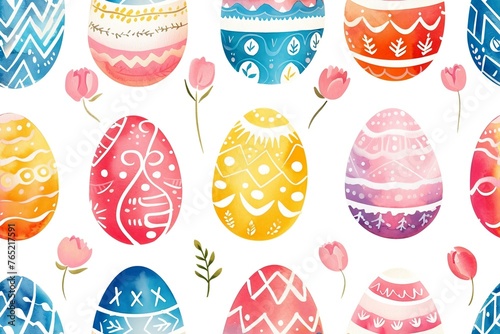 Happy easter watercolor seamless pattern. Multi-colored Easter eggs. Generated ai