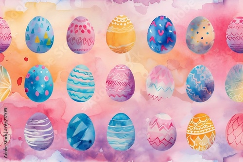 Happy easter watercolor seamless pattern. Multi-colored Easter eggs. Generated ai