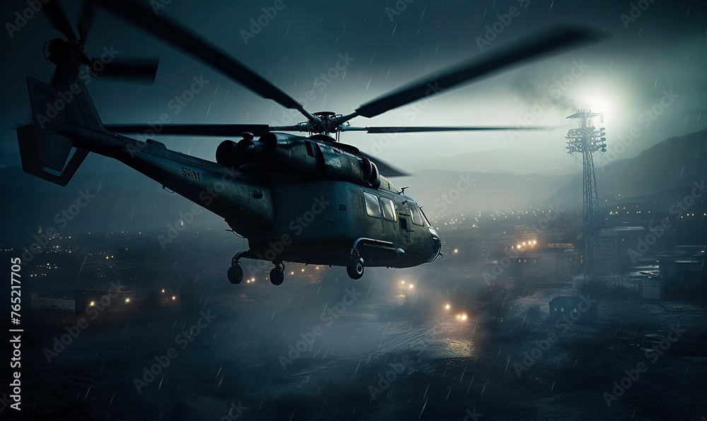 Military helicopter is taking off during storm.