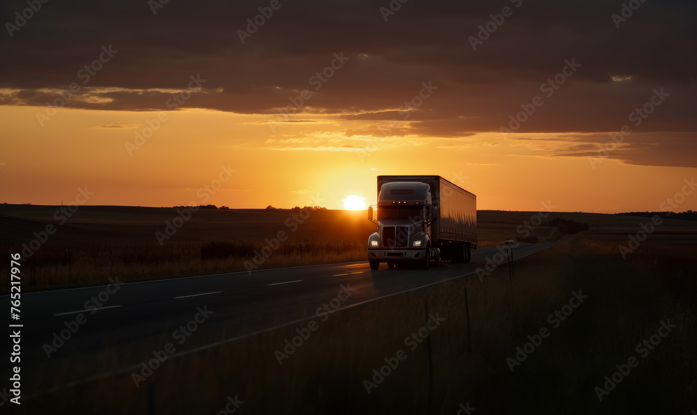 Truck drives down highway at sunset.