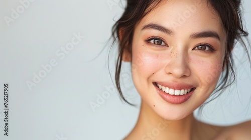 portrait of a beautiful woman with Japanese features on light background in high definition and quality