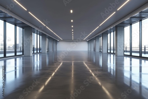 Empty commercial premises with polished concrete floors and ceiling lights.