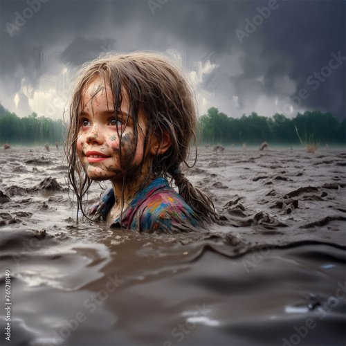 Girl plaing in the mud clowdy day smiling to the fun ahead