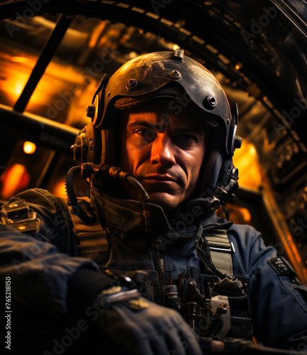 Portrait of man pilot in the cockpit of fighter jet
