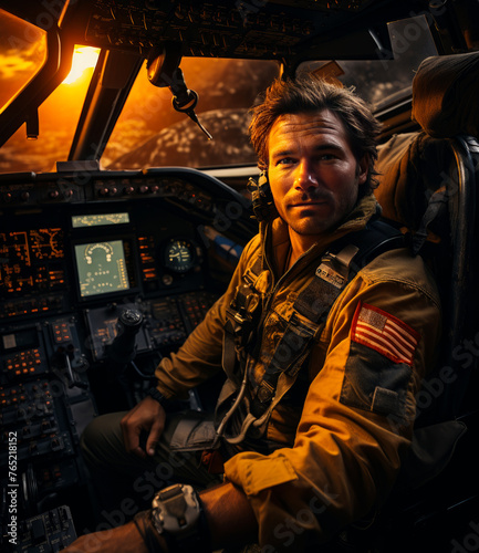 Portrait of handsome man pilot sitting in the cockpit at the sunset
