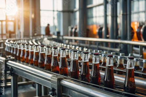 A row of beer bottles on a conveyor belt. Efficient modern brewery conveyor for bottling beer in glass bottles on blurred background photo