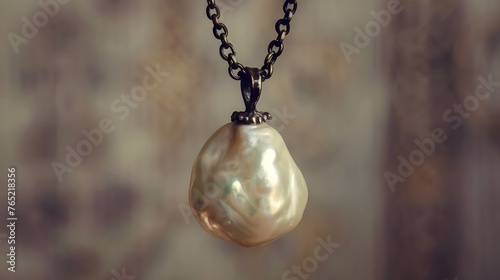Natural baroque pearl pendant on a chain. Soft focus 