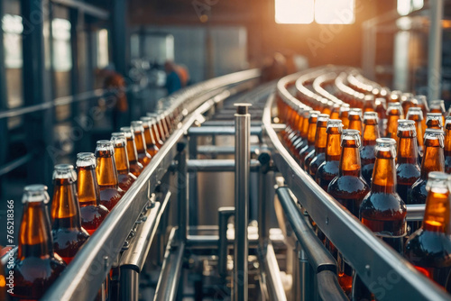 A row of beer bottles on a conveyor belt. Efficient modern brewery conveyor for bottling beer in glass bottles on blurred background