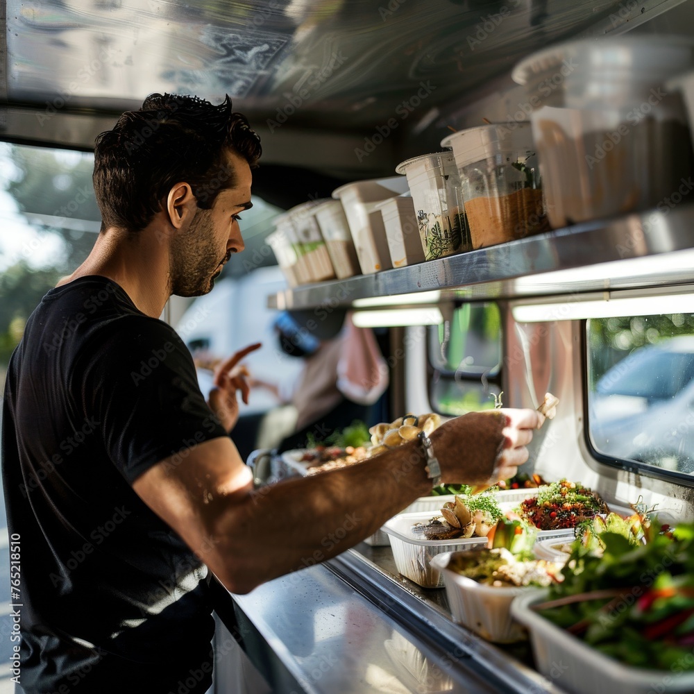 A man focused on preparing fresh meals inside a sunlit, well-equipped food truck