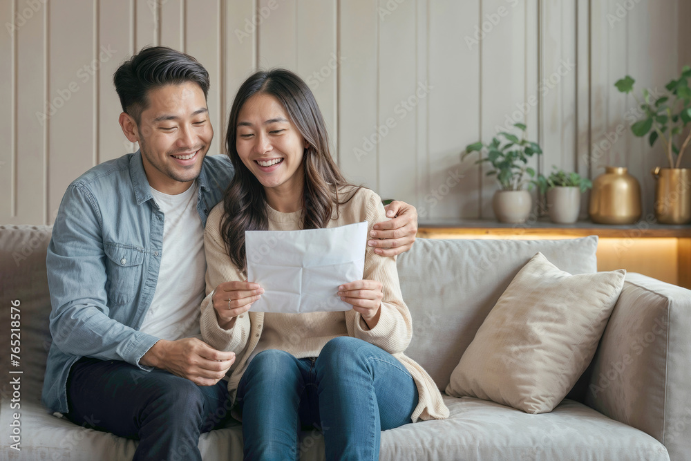 Asian woman is sitting on couch at home and reading a good news of letter. She is smiling and she is happy. Emotion of joy and success, home loan approval, good news from bank Asian woman is sitting on couch at home and reading a good news of letter. She is smiling and she is happy. Emotion of joy and success, home loan approval, good news from bank