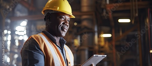 A bluecollar worker in workwear, including a hard hat and safety vest, is seen holding a tablet at an engineering factory while ensuring personal protective equipment is worn photo