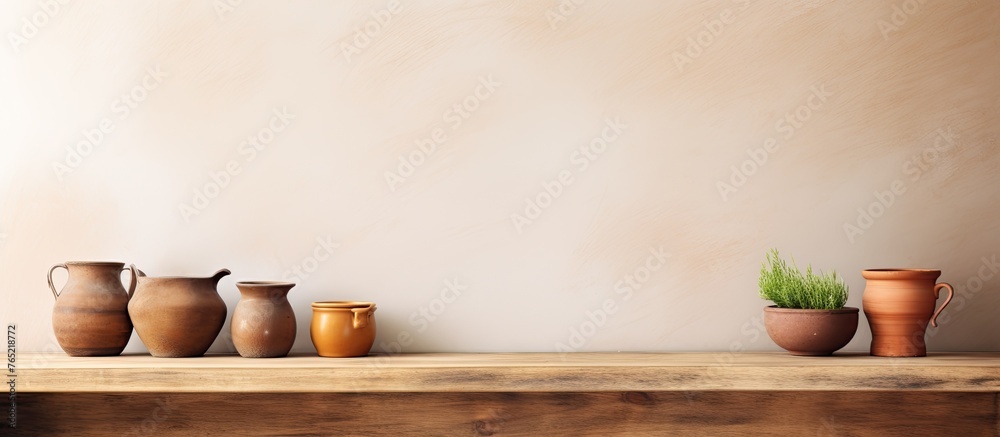 There are three vases and a plant placed on a shelf in a room