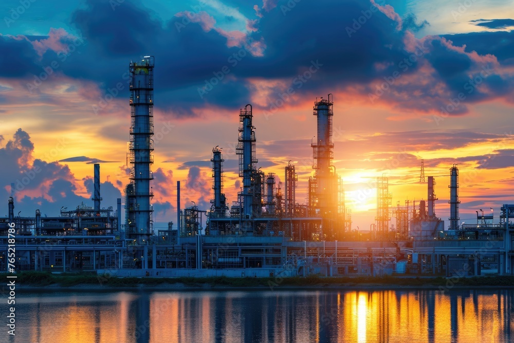 Close up Industrial view at oil refinery plant form industry zone with sunrise and cloudy sky Close up Industrial view at oil refinery plant form industry zone with sunrise and cloudy sky