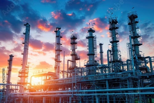 Close up Industrial view at oil refinery plant form industry zone with sunrise and cloudy sky photo