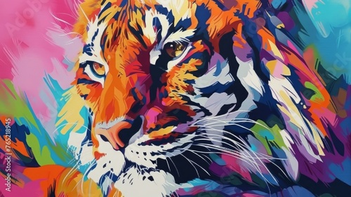 A stunning  color-saturated abstract portrait of a tiger  capturing the intensity of its gaze with vivid hues and sharp geometric shapes.