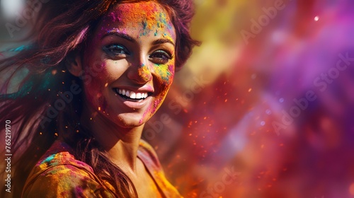 Portrait of a beautiful young woman at the festival of colors Holi