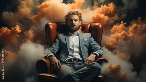 Handsome businessman sitting in an armchair in a smokey interior photo
