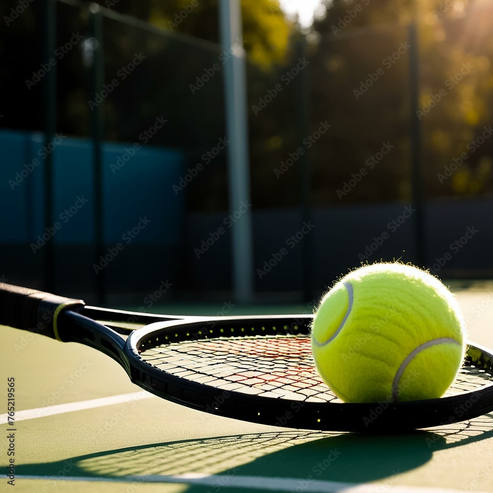 Tennis ball and racket on hard court under sunlight. Generative AI