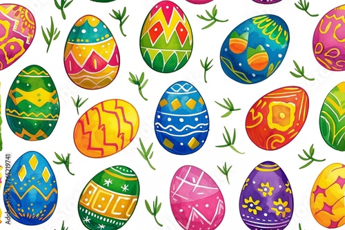 Happy easter watercolor illustration. Multi-colored Easter eggs. Generated ai
