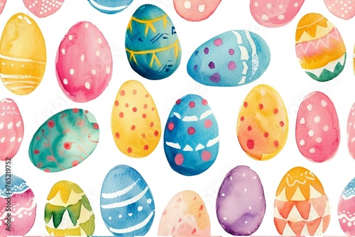 Happy easter watercolor illustration. Multi-colored Easter eggs. Generated ai