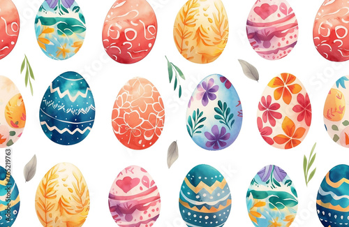 Happy easter watercolor illustration. Multi-colored Easter eggs. Generated ai