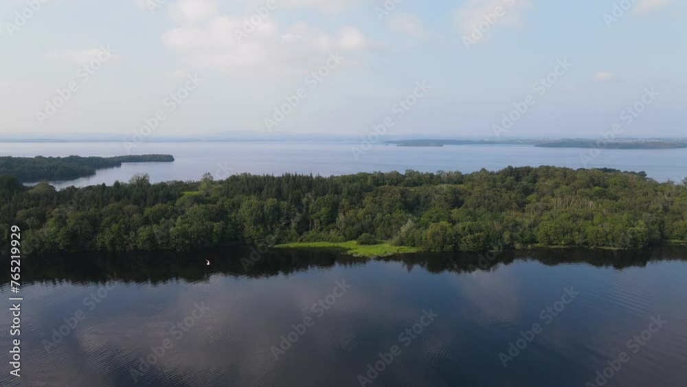 A stunning drone shot of a blue lake with birds flying at Lough Erne Co. Fermanagh A stunning drone shot of a blue lake with birds flying at Lough Erne Co. Fermanagh