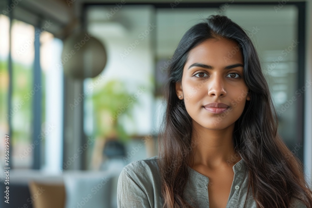 Confident young Indian woman renter in modern apartment. Confident young Indian woman renter in modern apartment.