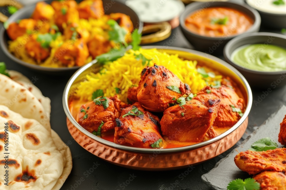 indian food feast with chicken tikka masala curry  tandoori chicken and appetizers