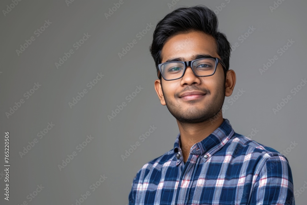 Studio shot of young Indian businessman wearing checkered shirt against gray background Studio shot of young Indian businessman wearing checkered shirt against gray background