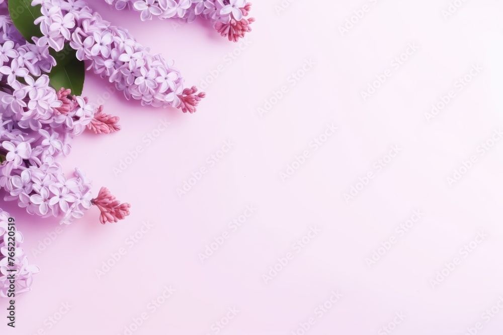 Fototapeta premium Lilac blossoms with green leaves arranged on a soft pink surface, creating a gentle springtime theme. Delicate Lilac Flowers on Pink Background