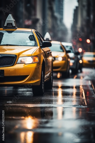 yellow taxi car in traffic on a city street slow motion Generative AI © València