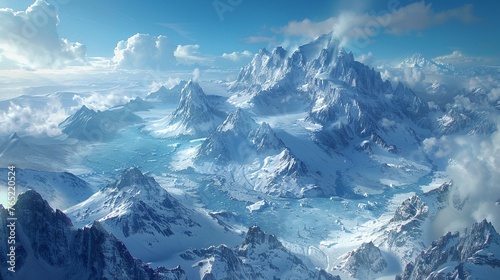 Immerse your viewers in the icy depths of Jotunheim with an aerial illustration showcasing the frost giants fortress, Utgard, looming mountain