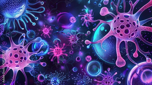 Abstract biology background, microscopic cellular structures, scientific concept illustration
