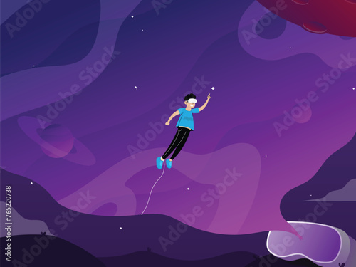 vector illustration of virtual reality world, a vr user floating in outer space, flat design