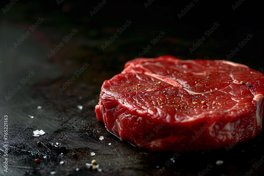 Raw dry aged bison beef rump steak piece and slices offered as close-up on black background with copy space. ai generative Raw dry aged bison beef rump steak piece and slices offered as close-up on black background with copy space. ai generative