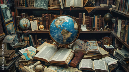 Globe of Possibilities: Capture an image of a globe surrounded by an array of open books, maps, and educational materials. Generative AI photo